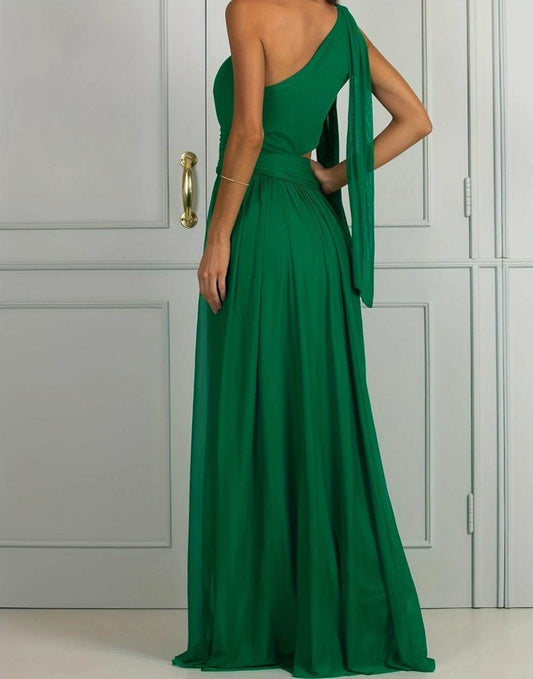 Spring And Summer Solid Color One Shoulder Midriff Outfit Elegant Slim Long Dress - Velora
