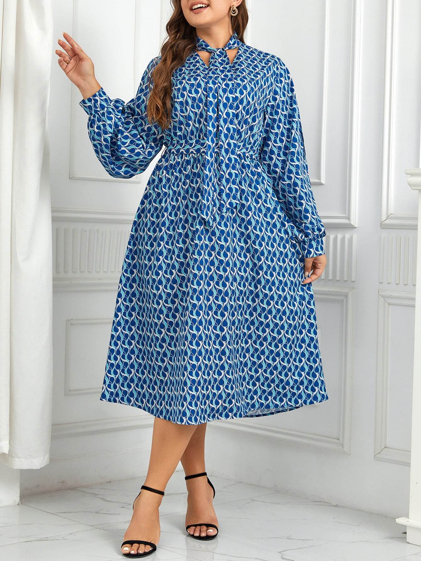 European And American High Waist Print Long Puff Sleeve Dress - Velora