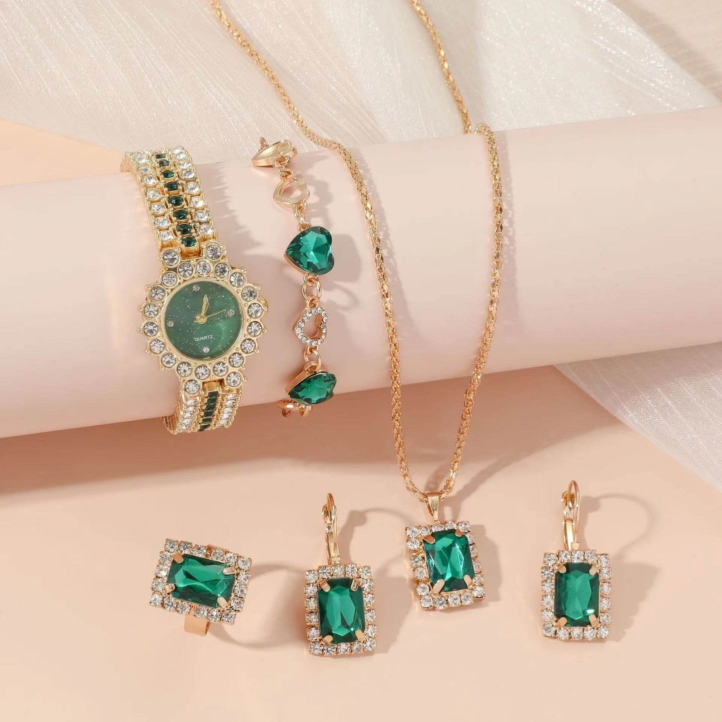 Popular Small Green Watch Women's Steel Belt Quartz Watch Ring Gift Set Boxed Five-piece Set - Velora