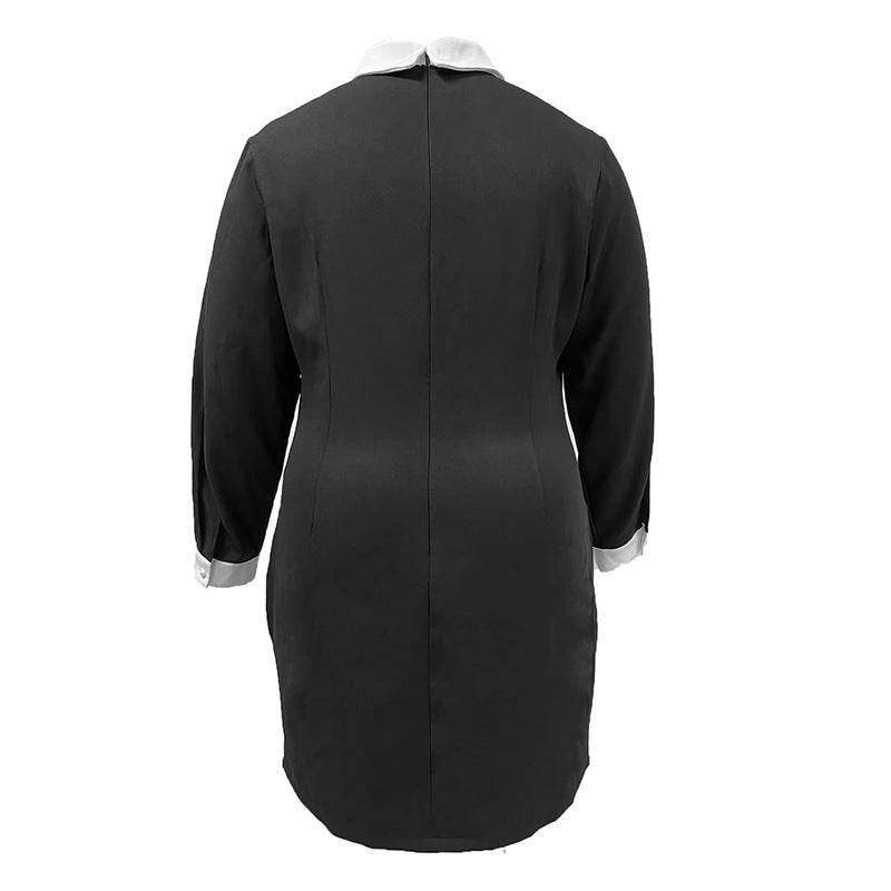 Elegant Lapel Long Sleeve Stitching Contrast Color Beaded Dress - Velora