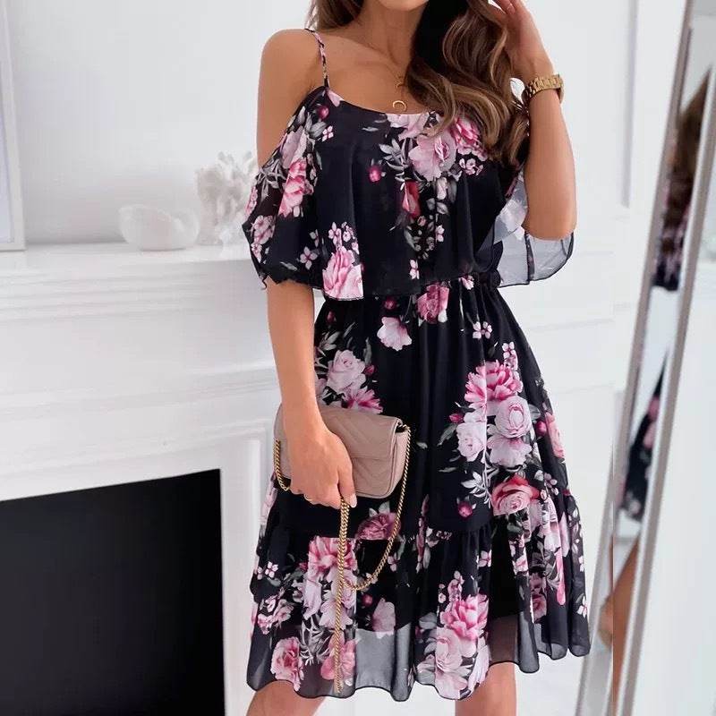 Flower Printed Ruffled Suspender Dress Summer Off-the-shoulder Strap Dresses Women - Velora