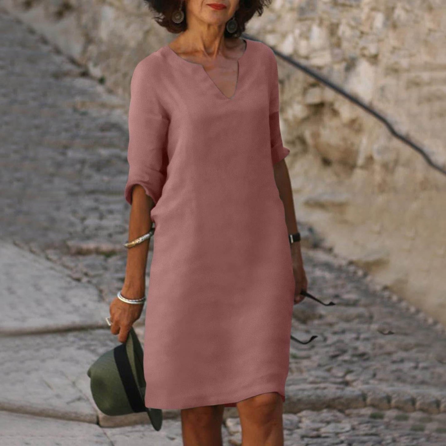 Cotton And Linen V-neck Dress Summer Stitching Retro High Waist Pure Color Dresses - Velora
