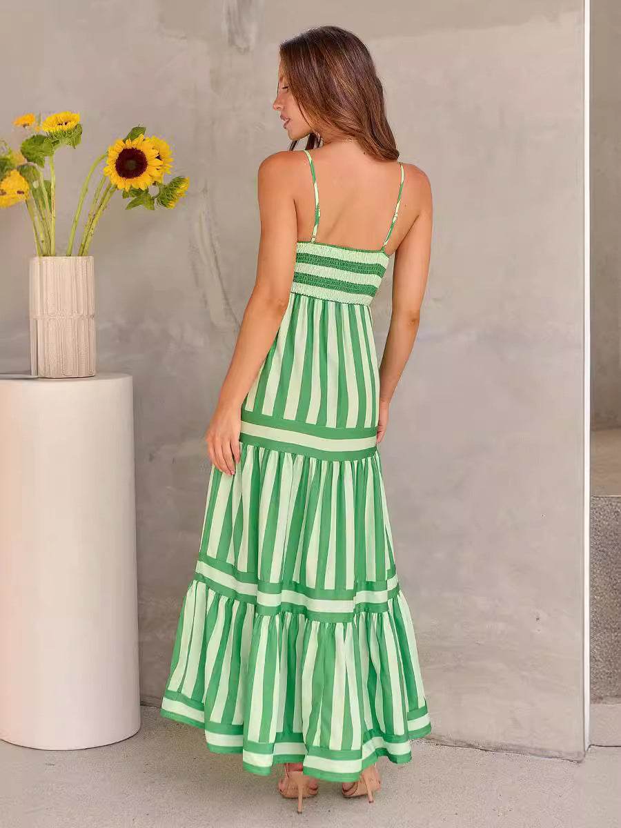 Summer Striped Printed Suspender Long Dress With Pockets Fashion Square Neck Backless Dresses For Beach Vacation Women Clothing - Velora