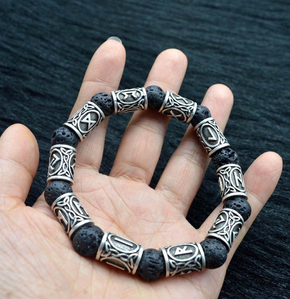 Asgard Crafted Silver Rune And Black Lava Stone Bracelet - Velora