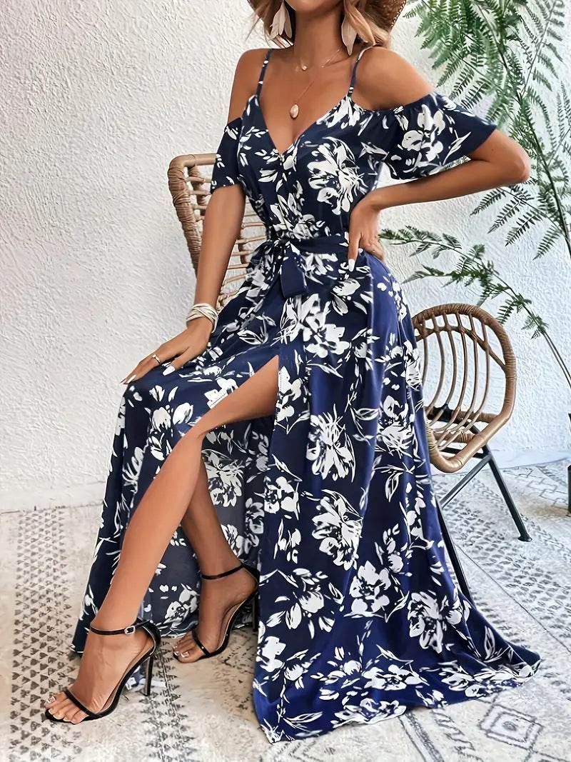 Ins Off-Shoulder Split Dress Summer Floral Print Suspender Long Dresses With Belt Design Women's Beach Clothing - Velora