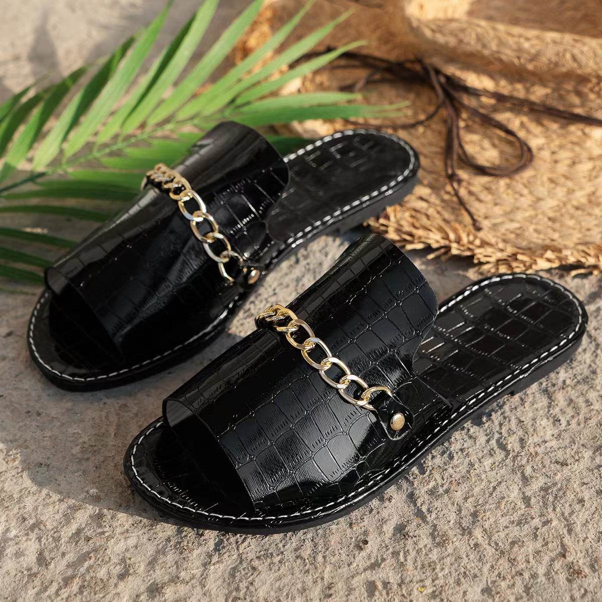 Pattern Chains Sandals Summer Fish Mouth Flat Slides Shoes Women Casual Vacation Beach Slippers - Velora