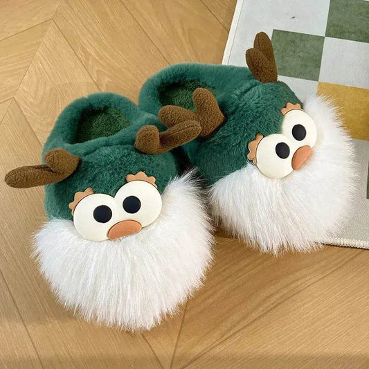 Cute Cartoon Christmas Deer Cotton Shoes Winter Indoor Floor Home Slippers Half-covered Heel Warm Plush Shoes Women - Velora