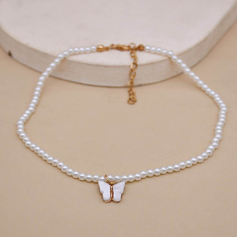 Elegant White Pearl Choker Necklace Small Round Pearl Wedding Butterfly Necklace For Women Charm Fashion Jewelry - Velora