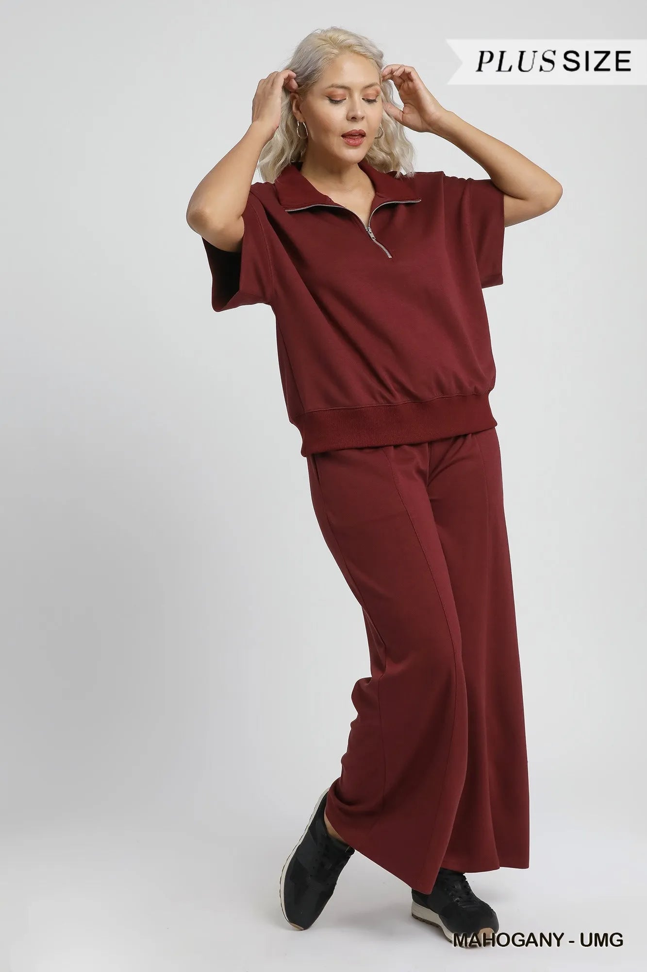 Umgee Full Size Half-Zip Short Sleeve Top Plus Size - Velora