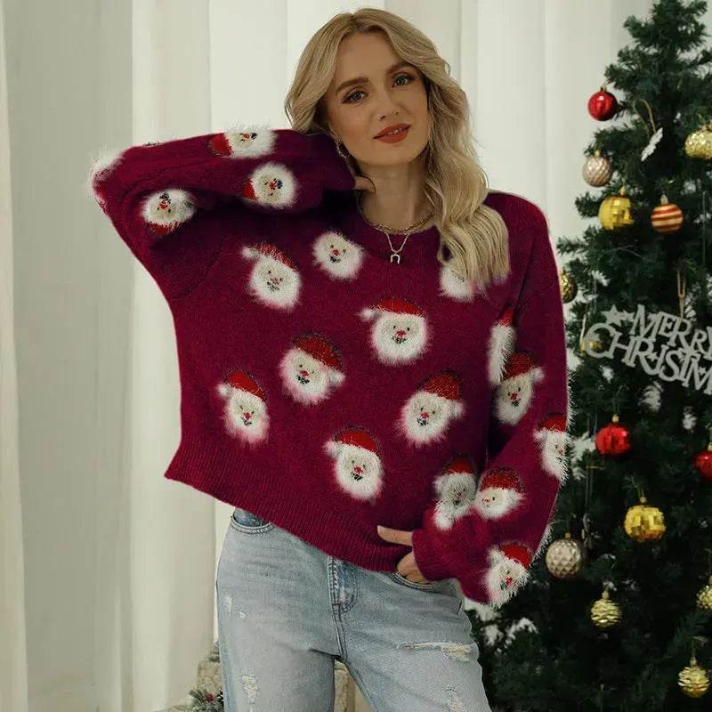 Christmas Sweater Women Cute Cartoon Santa Print Knit Sweater Winter Tops - Velora