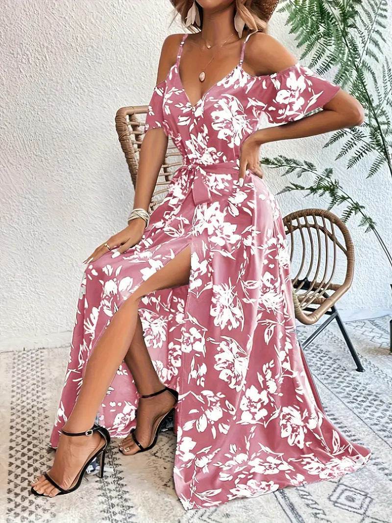 Ins Off-Shoulder Split Dress Summer Floral Print Suspender Long Dresses With Belt Design Women's Beach Clothing - Velora