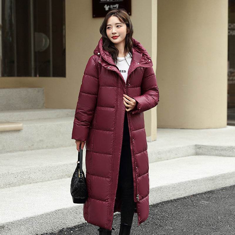 Women's Super Long Down Jacket Winter Puffer Thick Coat Black Red Hooded Zipper Keep Warm Fall Winter Casual Clothes - Velora