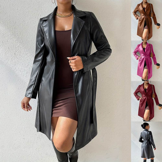 Long Sleeve Lapel PU Leather Jacket With Pockets Slim Fit Long Trench Coat Women's Clothing - Velora