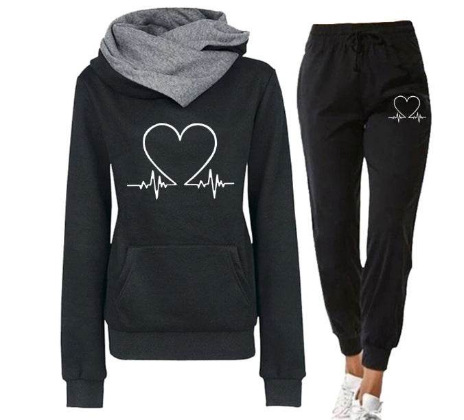 Love Heart Printed Sports Suit Hooded Sweatshirt Top And Drawstring Pants Fashion Casual Clothing For Women - Velora