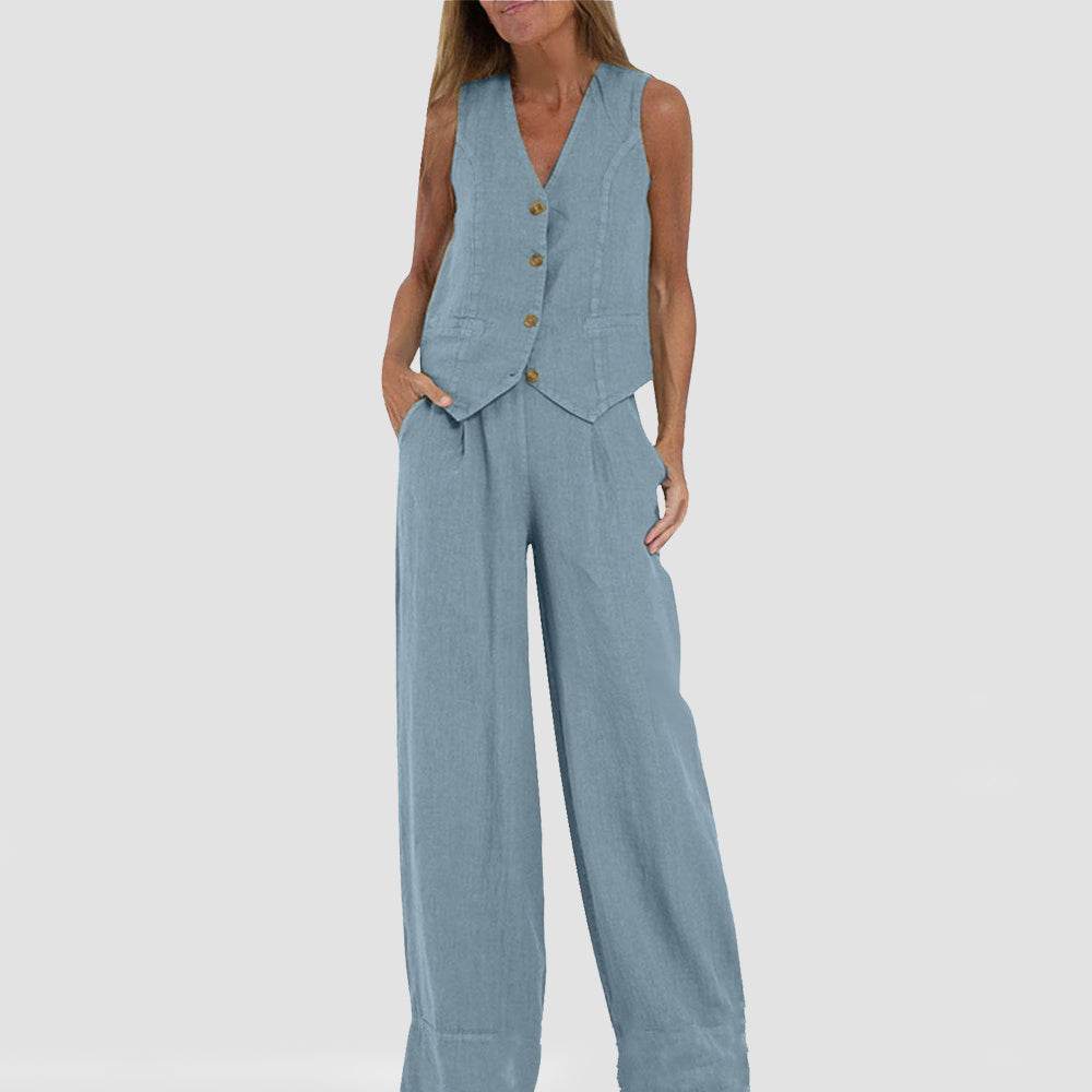 Summer Vest Suits V-neck Botton Sleeveless Top And Loose Straight Trousers Casual Womens Clothing - Velora