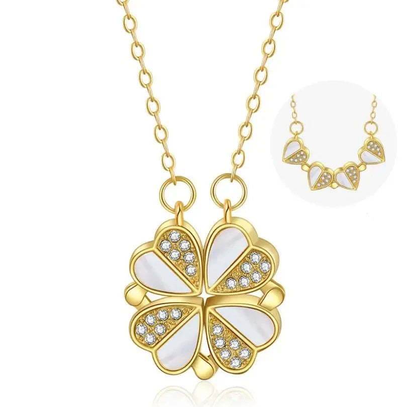 Luxury Four Leaf Clover Pendant Necklace Stainless Steel Crystal Heart Jewelry For Women Gift - Velora