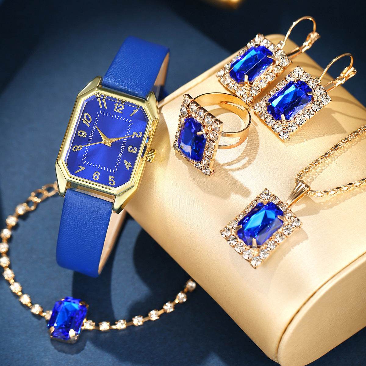 Leather Women's Watch Square Quartz Watch Korean Necklace Earrings Ring Set - Velora