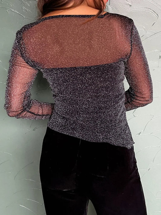 Metallic Glitter Mesh Long Sleeve Top - Velora