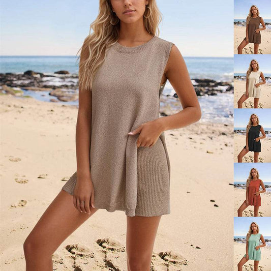 2pcs Women's Knitting Suit Summer Loose Round Neck Split Vest Top And Shorts Beach Clothing - Velora