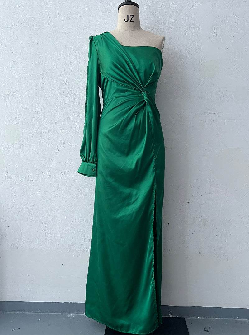 Women's One-shoulder Split Dress Ins Fashion Long-sleeved Slim Long Dresses Party Evening Clothing - Velora