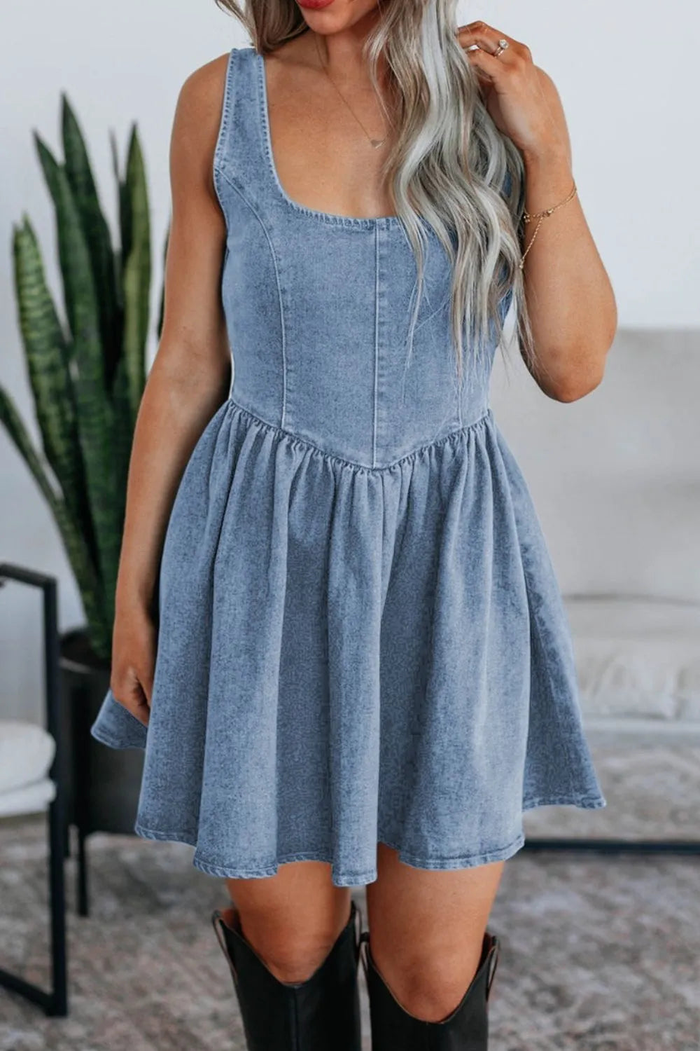 V-Back Bow Tie Denim Skater Dress - Velora