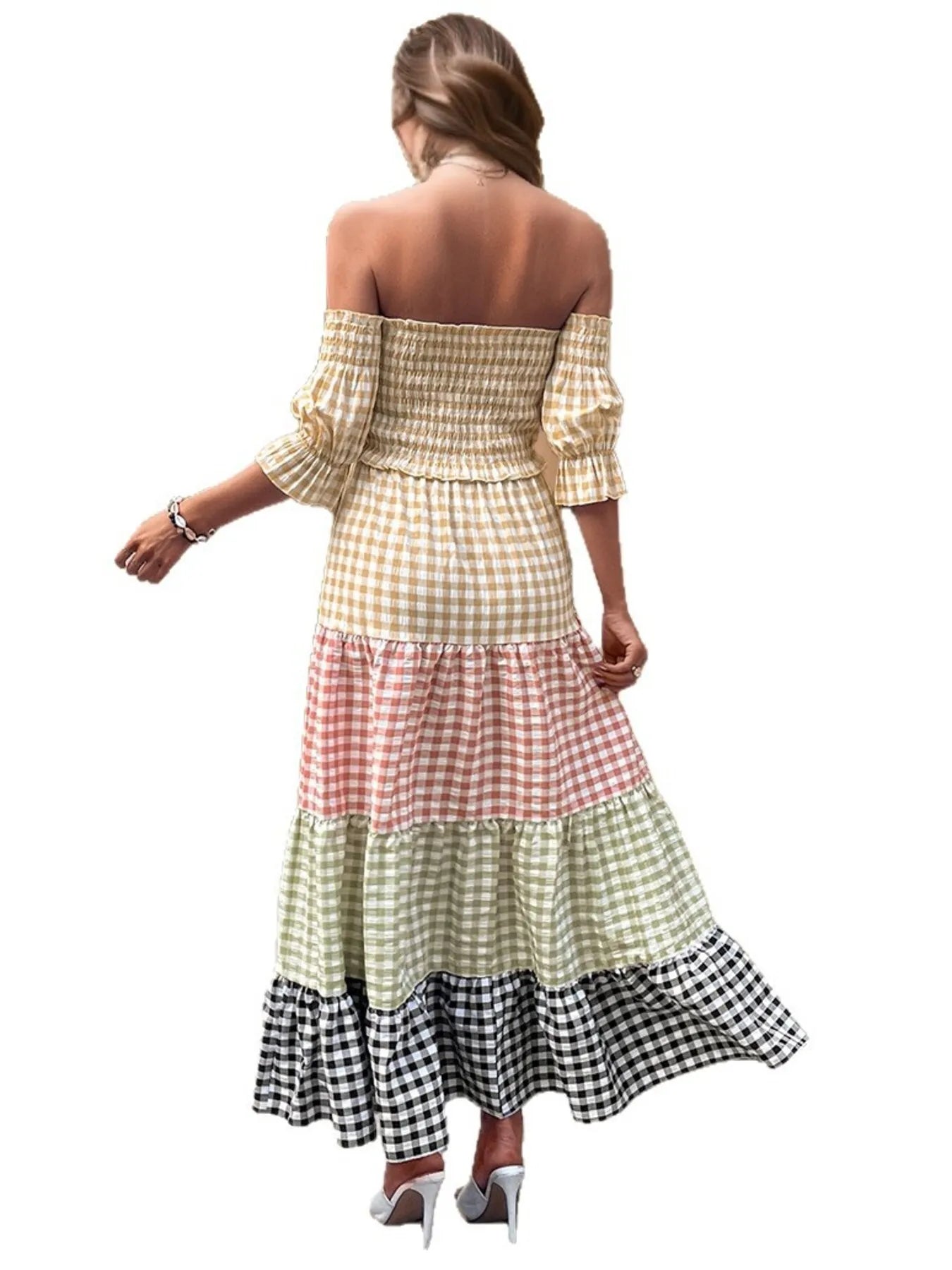 Color Block Plaid Off-Shoulder Maxi Dress - Velora