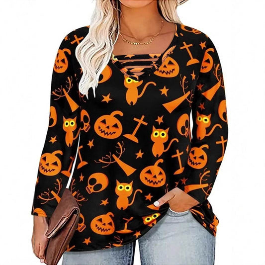 Digital Printing Halloween Round Neck Long Sleeve Plus Size T-shirt - Velora