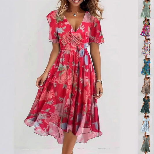 Flowers Printed V-neck Dress Summer A-line Short-sleeved Dresses For Women - Velora