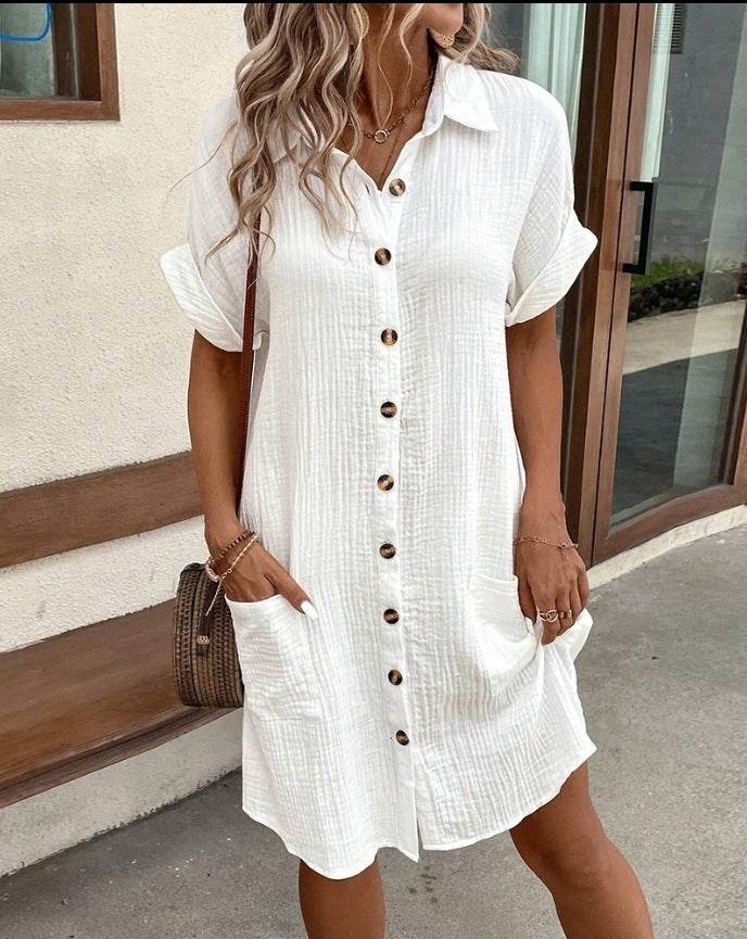 Summer Short Sleeve Shirt Dress Fashion Solid Color Single-breasted Mid-length Loose Dress - Velora