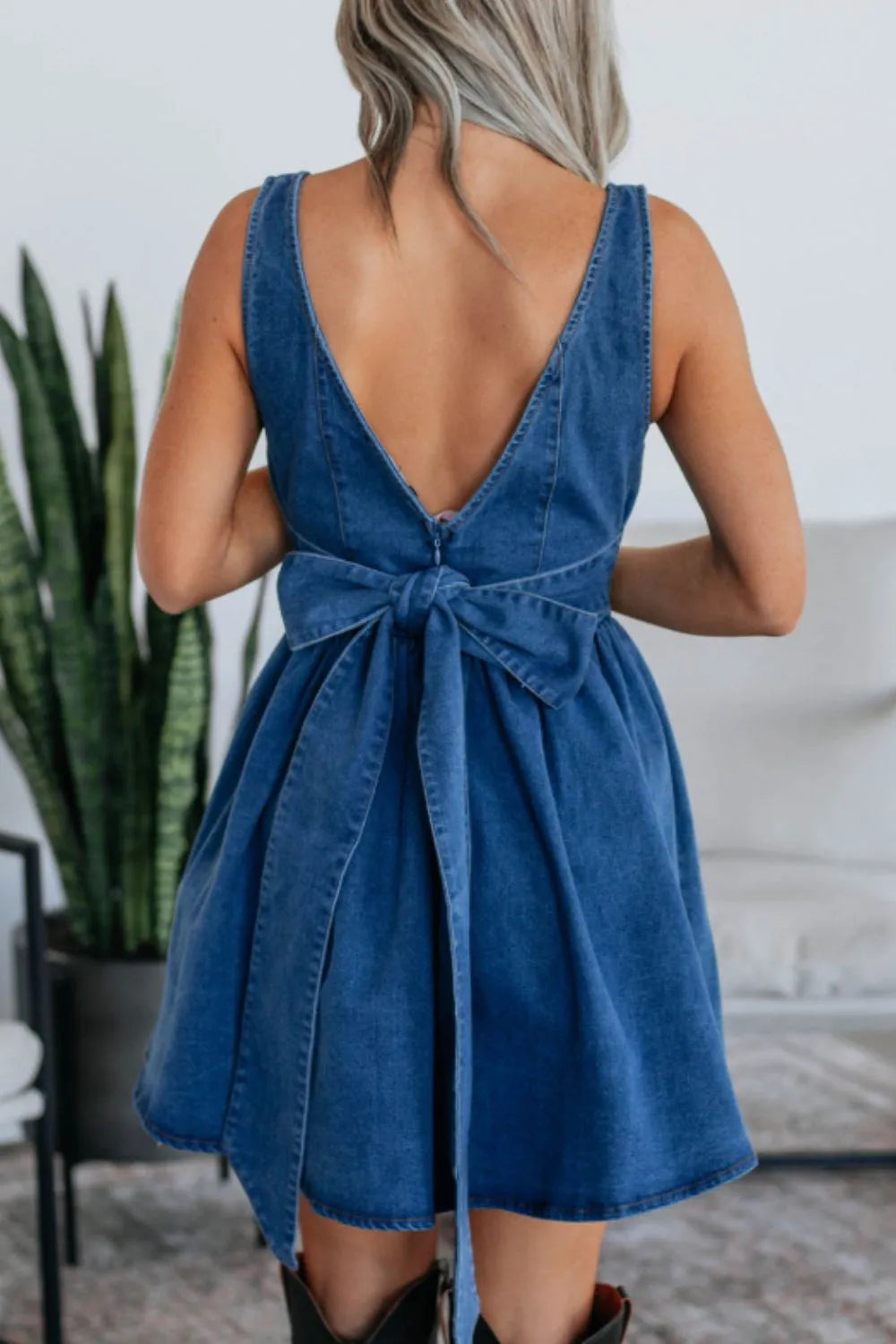 V-Back Bow Tie Denim Skater Dress - Velora