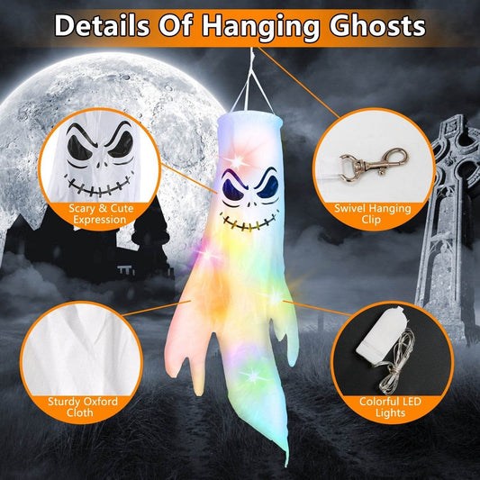 4Pcs Per Set Halloween Ghosts With Witch Hats Windsocks Hanging Decoration With Colorful LED Light Outdoor Flag Wind Socks Halloween Party Decoration For Yard Garden Tree - Velora