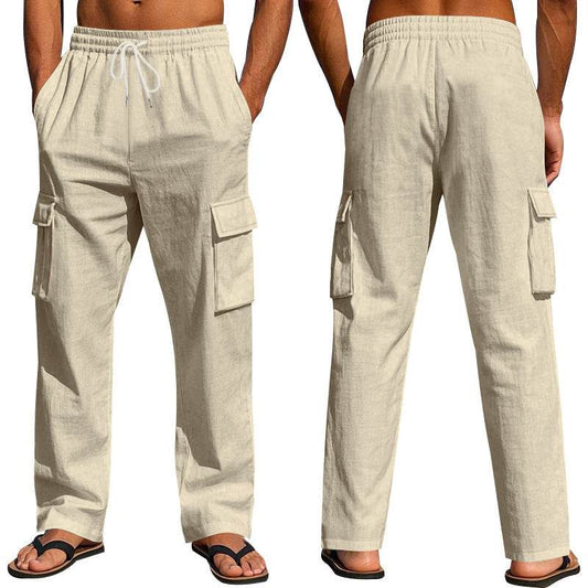 Men's Workwear Multi-pocket Straight Linen Pants Linen Four Seasons Thin Breathable Cargo Pants, Multi-pocket Loose Casual Trendy Wide-leg Pants - Velora