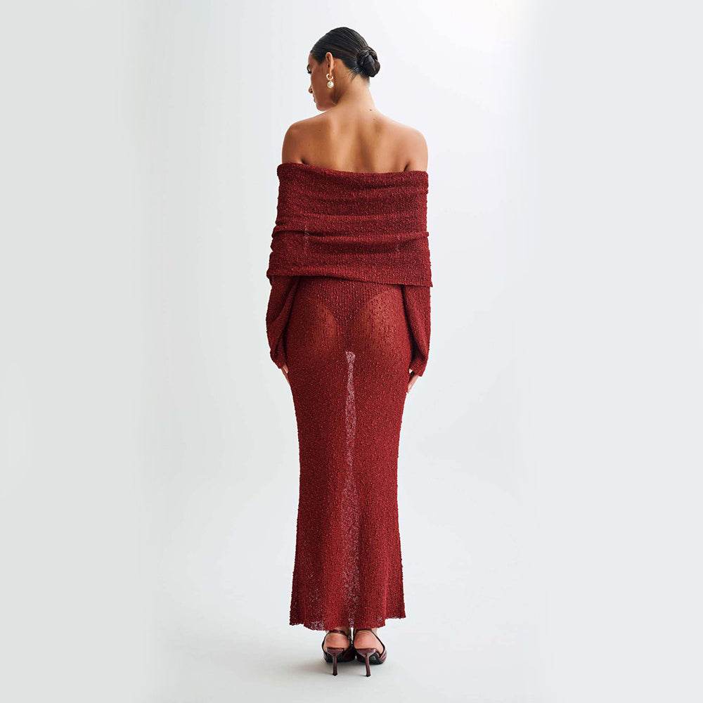 New One-shoulder Knitted Long-sleeved Dress Sexy Beach Holiday Long Dresses Womens Clothing - Velora
