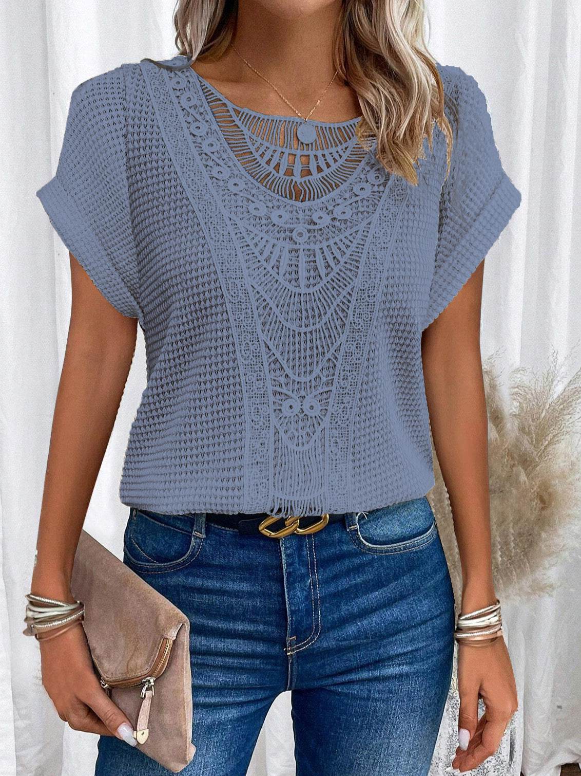 Summer Hollow Out Short-sleeved T-shirt Women's Clothing - Velora