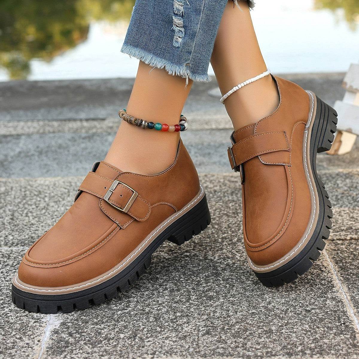 Fashion Buckle Loafers For Women British Style Height-increasing Thick-soled Casual Shoes - Velora