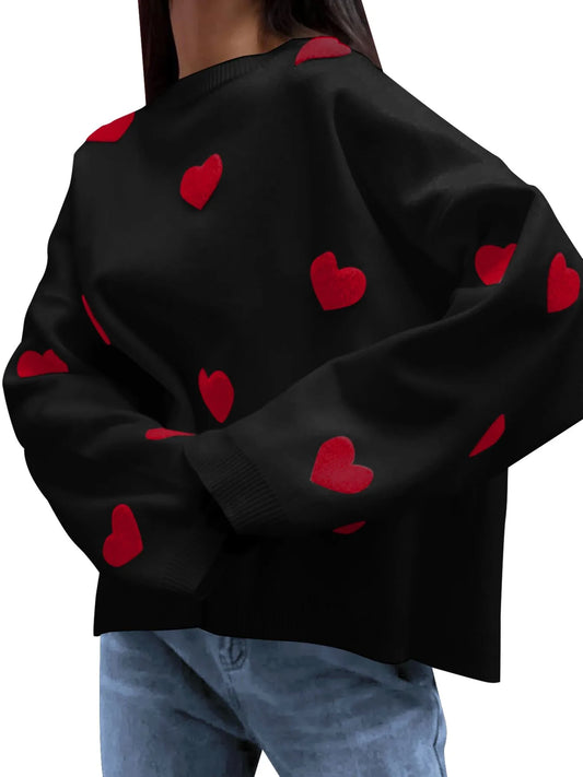 Heart Round Neck Long Sleeve Sweater - Velora