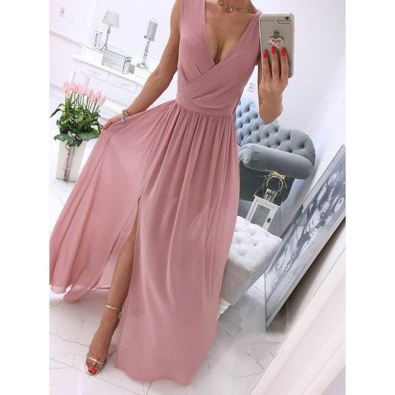 Women's Summer Sleeveless And Ankle Skirt Solid Color V-neck Front Split Long Dress - Velora