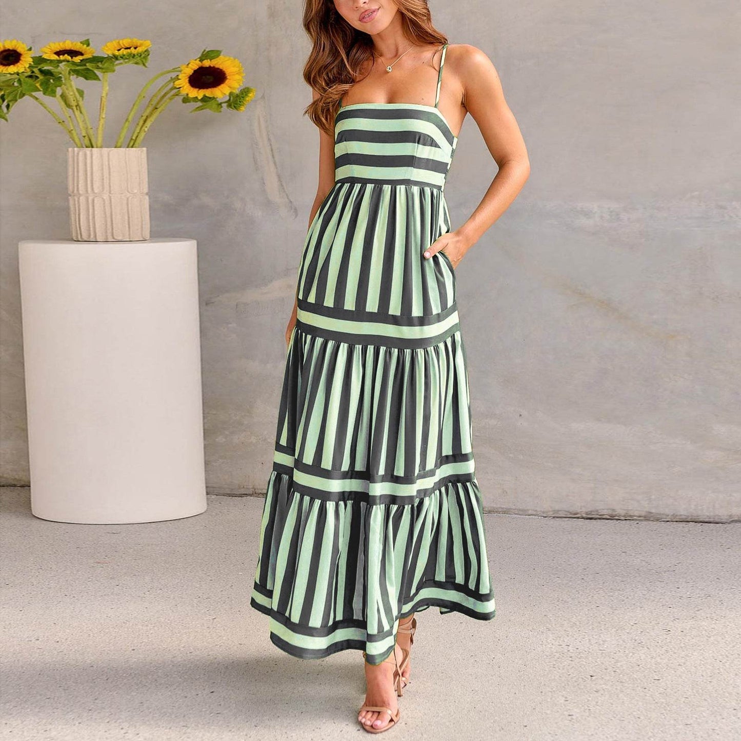 Summer Striped Printed Suspender Long Dress With Pockets Fashion Square Neck Backless Dresses For Beach Vacation Women Clothing - Velora