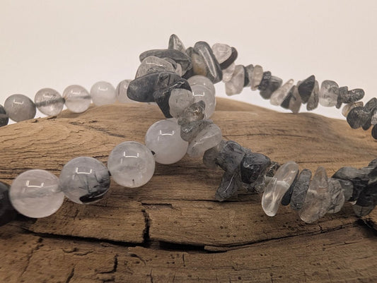 Black Rutile Quartz / Tourmalinated Quartz Bracelets – Chip & 8mm Beads