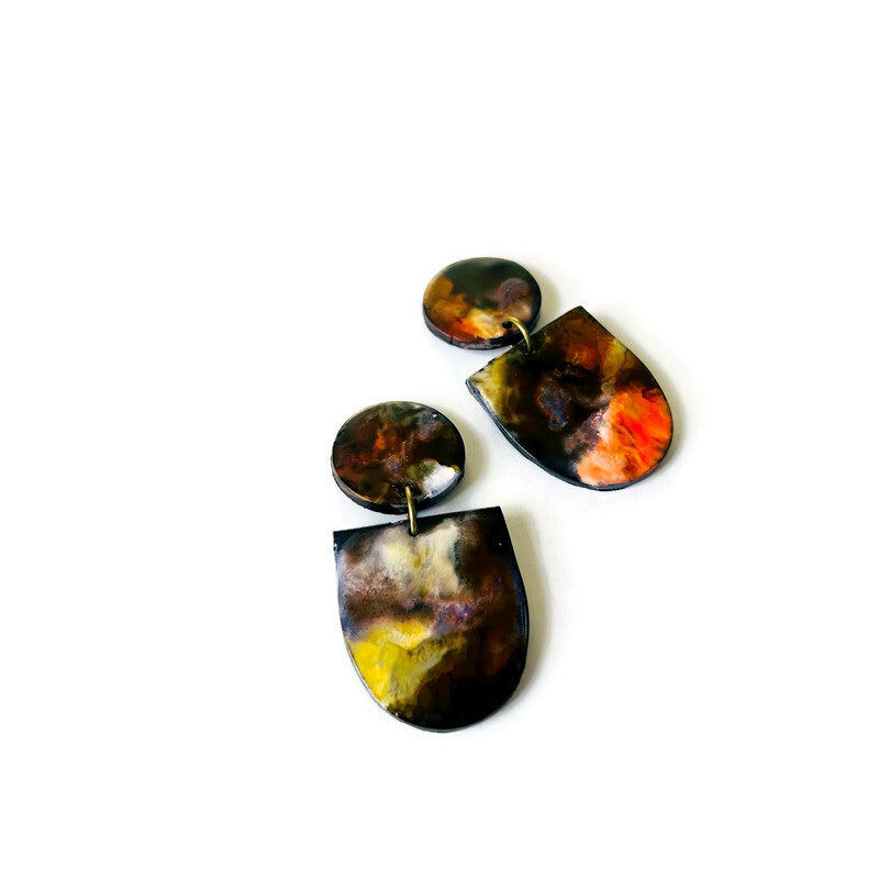 Abstract Alcohol Ink Jewelry Set in Black, White Yellow Orange, Fluid Art Jewelry
