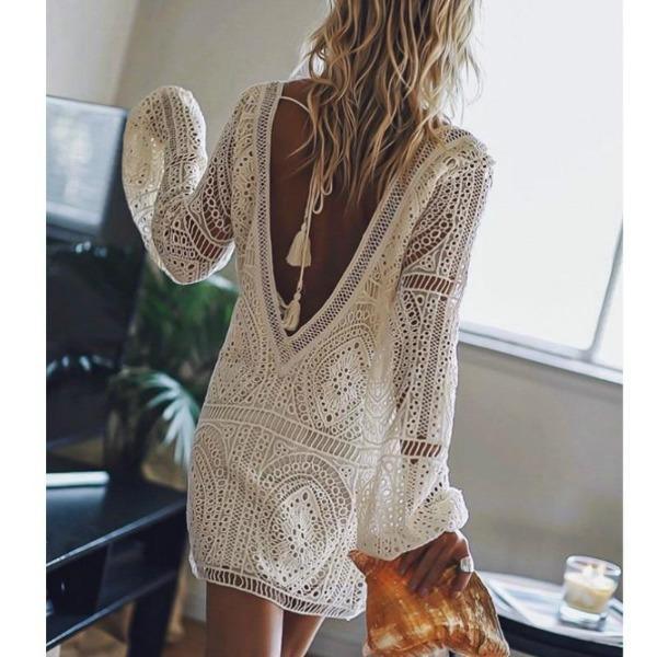 White Lace Backless Mini Dress for Women – Bohemian Summer Dress with Vintage Detailing - Velora