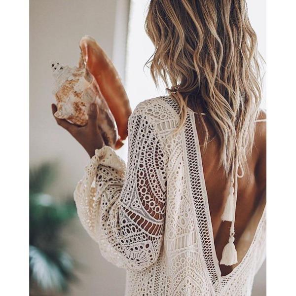 White Lace Backless Mini Dress for Women – Bohemian Summer Dress with Vintage Detailing - Velora