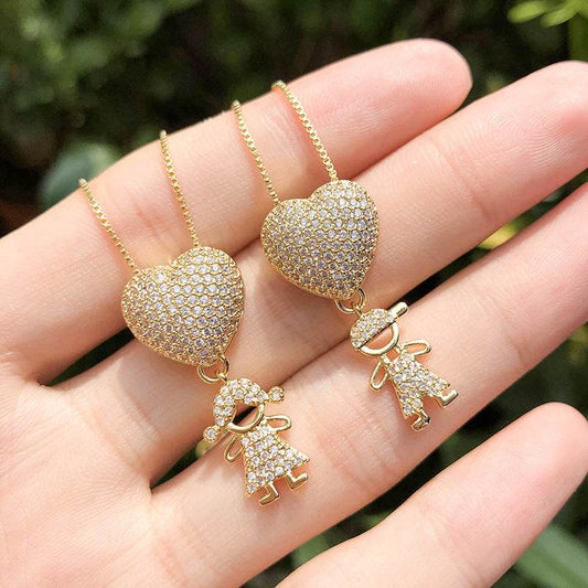 Fashion Jewelry Son Daughter Heart Gold Color Cubic Zirconia Family Girl Boy Pendant Necklace Chain Jewelry For Mother Gift - Velora