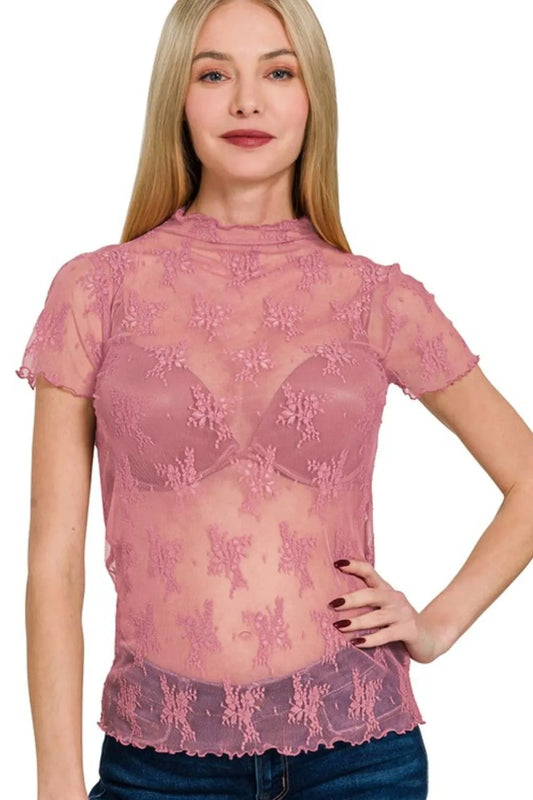 Zenana Lace See-through Layering Short Sleeve Top - Velora