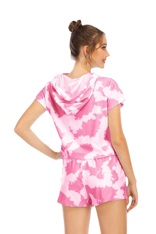 2pcs Tie-dye Loungewear Hoodie Athleisure Short-sleeved short set - Velora