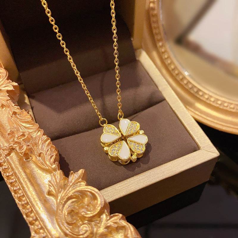 Luxury Four Leaf Clover Pendant Necklace Stainless Steel Crystal Heart Jewelry For Women Gift - Velora