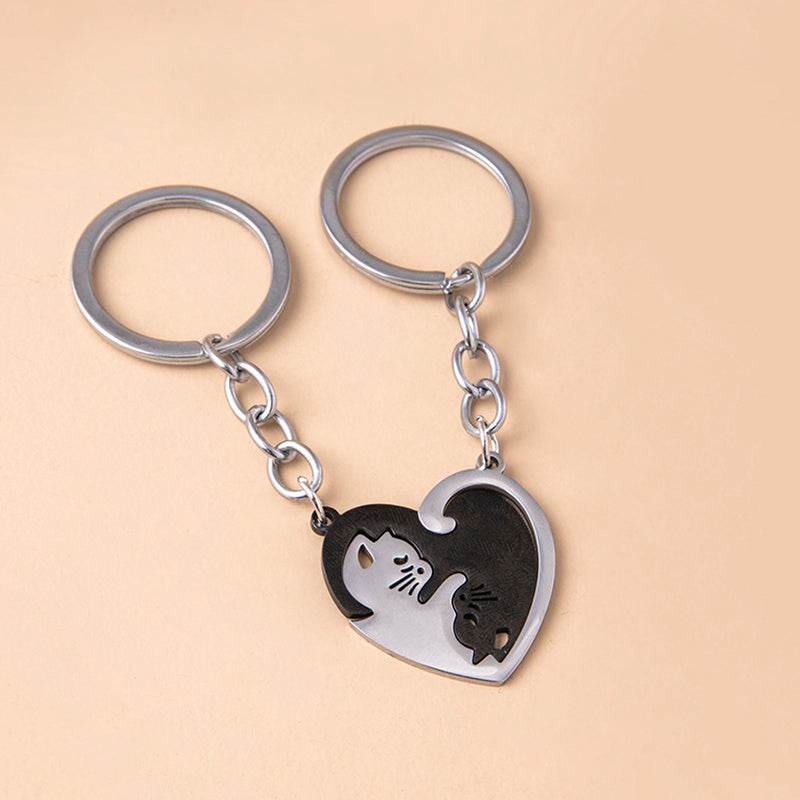 Love Heart Black White Cats Stainless Steel Couple Keychains - Velora