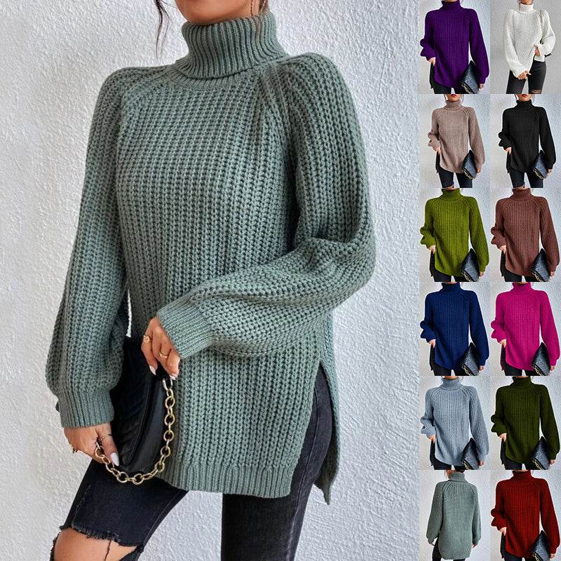 Turtleneck Pullover Sweater With Split Design Fashion Simple Solid Color Long Sleeve Tops Women's Clothing - Velora