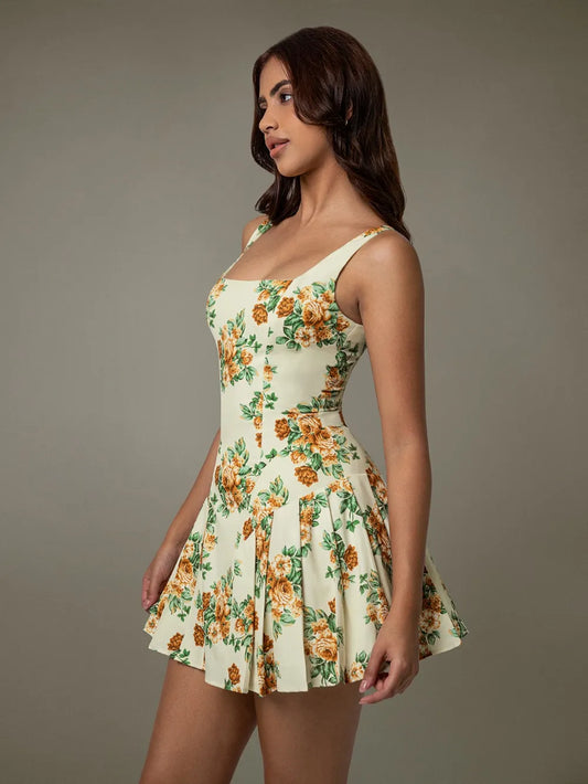 Floral Sleeveless Mini Pleated Dress - Velora