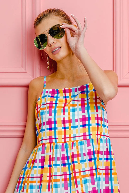 BiBi Multi Colors Plaid Sleeveless Sun Dress - Velora